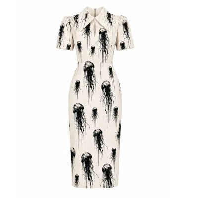 Julia Allert Women's Neutrals Ivory Jellyfish Print Short Sleeve Midi Dress – Capsule Edition In White