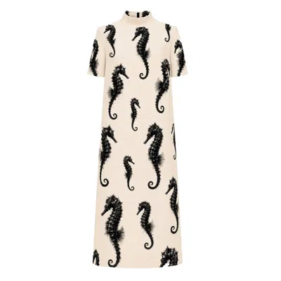 Julia Allert Women's Neutrals Ivory Seahorse Print A-line Midi Dress - Capsule Edition