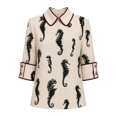 Julia Allert Women's Neutrals Ivory Seahorse Print Blouse With Cuffs – Capsule Edition In White