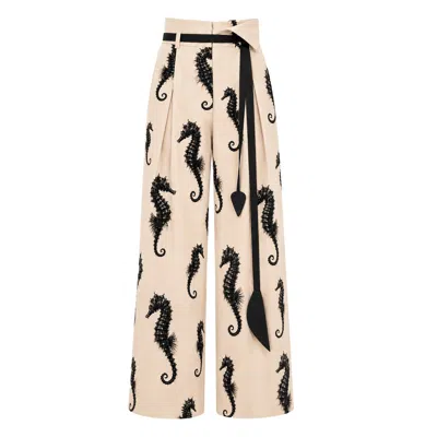 Julia Allert Women's Neutrals Ivory Seahorse Print Wide Leg Trousers With Belt – Capsule Edition In Brown