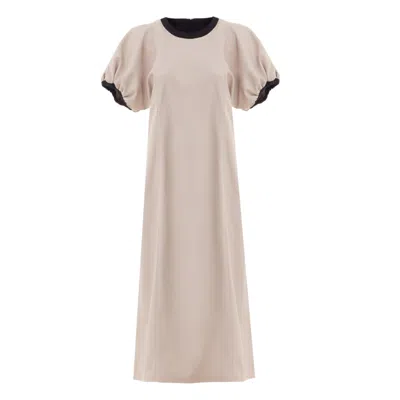 Julia Allert Women's Neutrals Puff Sleeve Faux Leather Midi Dress – Beige
