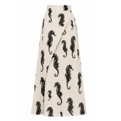Julia Allert Women's Neutrals Wrap Long Skirt - Light Beige Seahorse Print In White
