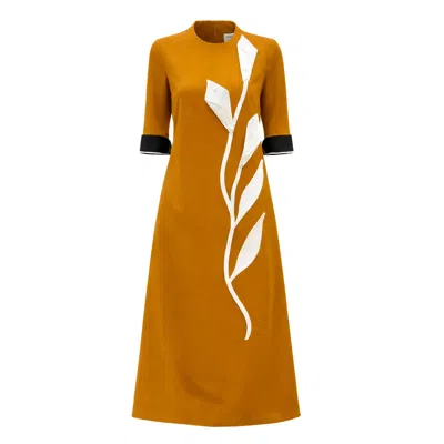 Julia Allert Women's Orange Art-inspired Semi-fitted Three-quarter Sleeves Dress - Mustard