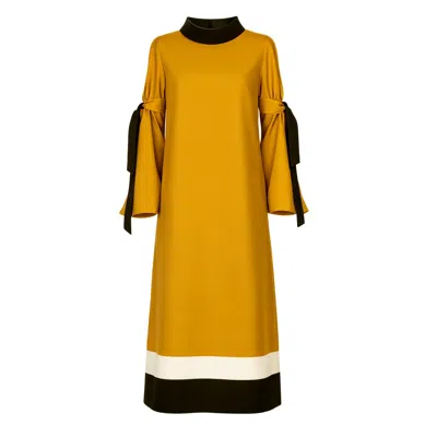 Julia Allert Women's Orange Designer Straight Slit-sleeve Midi Dress – Mustard Black