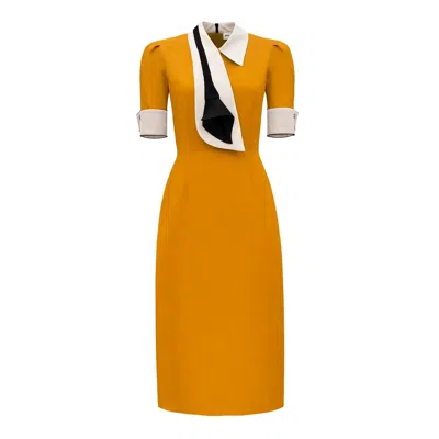 Julia Allert Women's Orange / Yellow Formal Fitted Dress With White Collar - Office To Evening Style Mustard Yell