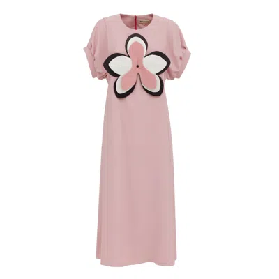 Julia Allert Women's Pink / Purple Silky Touch Midi Pale Pink Dress With Handmade Floral Appliqué In Pink/purple