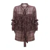 Julia Allert Women's Red Designer Sheer Plaid Сhiffon Shirt Burgundy In Brown
