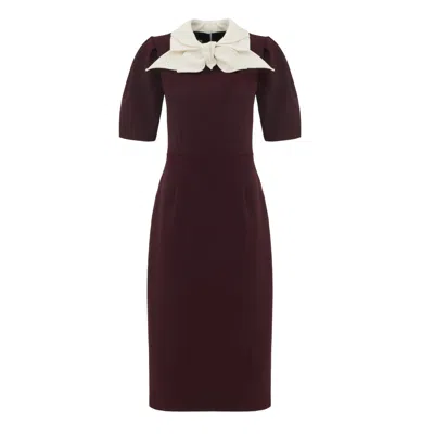 Julia Allert Women's Red Elegant Midi Dress With Contrast Bow Collar – Burgundy In Brown