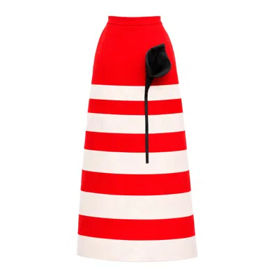 Julia Allert Women's Red / White Contemporary Striped A-line Skirt, Black Floral Detail– Red