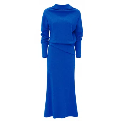 Julia Allert Women's Rib Knit Suit Asymmetric Blouse & Basic Skirt Blue