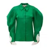 Julia Allert Women's Romantic Silk Organza Blouse With Balloon Sleeves – Green In Green
