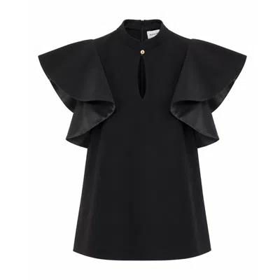 Julia Allert Women's Stand Collar Ruffle Sleeve Blouse - Black