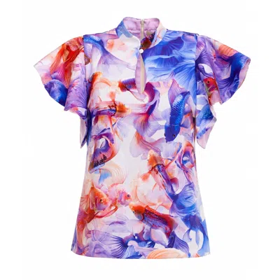 Julia Allert Women's Stand Collar Ruffle Sleeve Blouse – Fish Print In Multi
