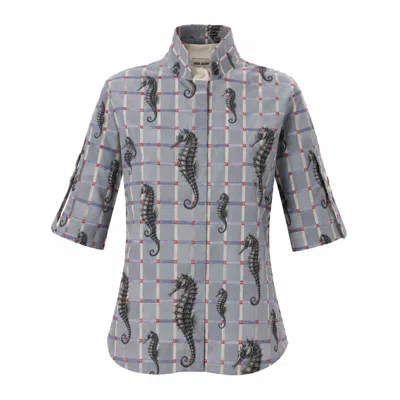 Julia Allert Women's Stand Collar Short Sleeve Blouse - Pale Blue Seahorse Check Print In Gray