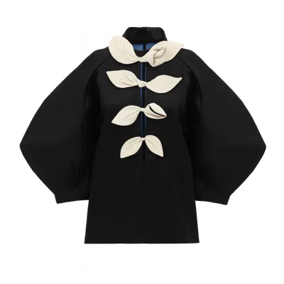 Julia Allert Women's Taffeta Deep V-neck Blouse With Satin Floral Detail – Black