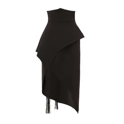 Julia Allert Women's Unique Asymmetric Draped Skirt With Fringe Black