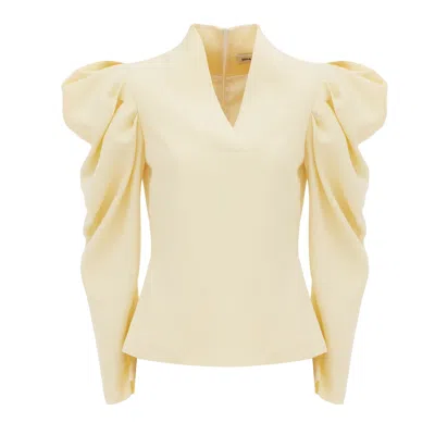 Julia Allert Women's V-neck Statement Long Sleeve Blouse – Pale Yellow In Metallic