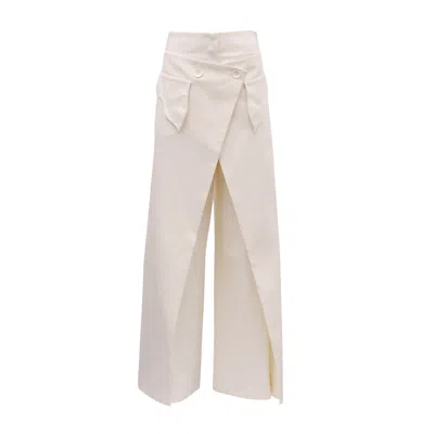 Julia Allert Women's White High-waisted Cotton Wrap Trousers , Skirt Effect - Ivory