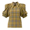 Julia Allert Women's Yellow Designer Blouse Voluminous Sleeves - Mustard Check In Green