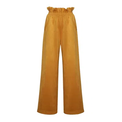 Julia Allert Women's Yellow / Orange Suede Wide-leg Pants With Ruffled Waist Mustard Yellow In Yellow/orange