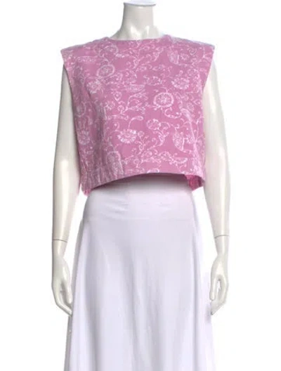 Pre-owned Julia Amory Floral Print Crew Neck Crop Top In Pink