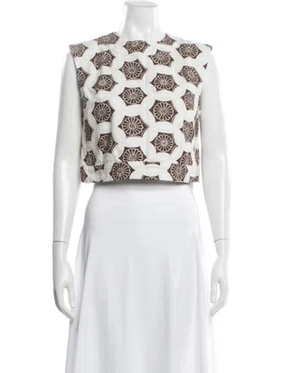 Pre-owned Julia Amory Floral Print Crew Neck Crop Top In White