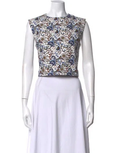 Pre-owned Julia Amory Floral Print Crew Neck Top In White