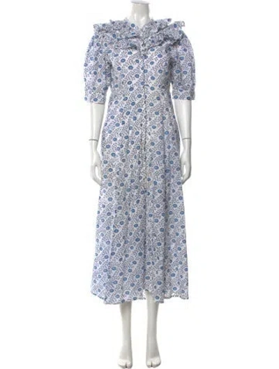 Pre-owned Julia Amory Floral Print Long Dress In Blue/white