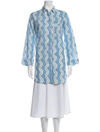 Pre-owned Julia Amory Floral Print Long Sleeve Button-up Top In Blue