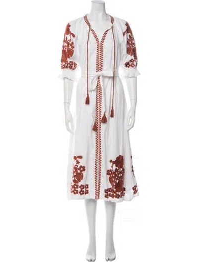 Pre-owned Julia Amory Floral Print Midi Length Dress In White