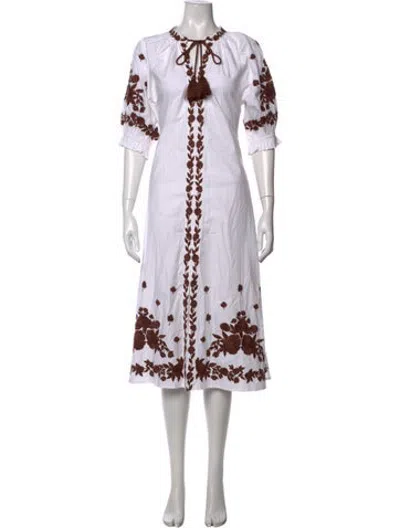 Pre-owned Julia Amory Floral Print Midi Length Dress In White