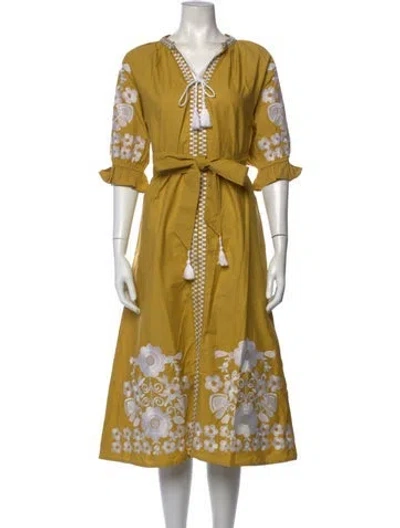 Pre-owned Julia Amory Floral Print Midi Length Dress In Yellow