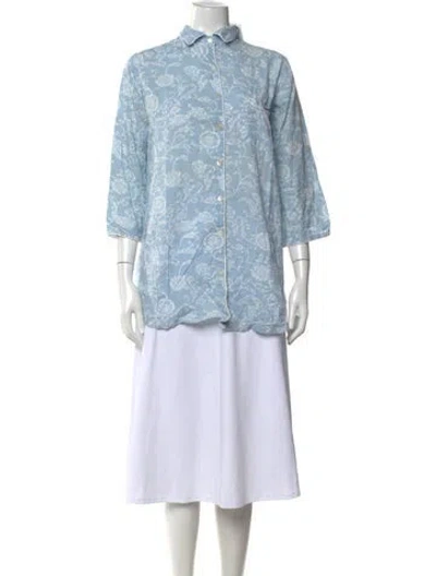 Pre-owned Julia Amory Floral Print Three-quarter Sleeve Button-up Top In Blue