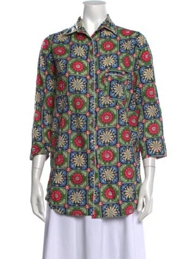 Pre-owned Julia Amory Floral Print Three-quarter Sleeve Button-up Top In Blue/green