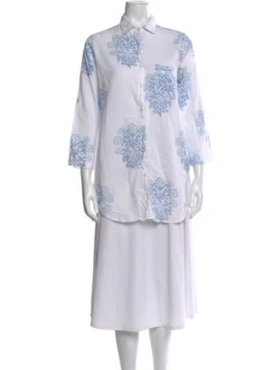 Pre-owned Julia Amory Floral Print Three-quarter Sleeve Button-up Top In White