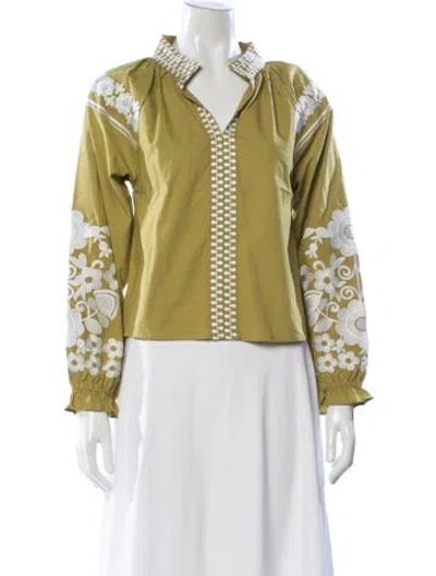 Pre-owned Julia Amory Floral Print V-neck Blouse In Green