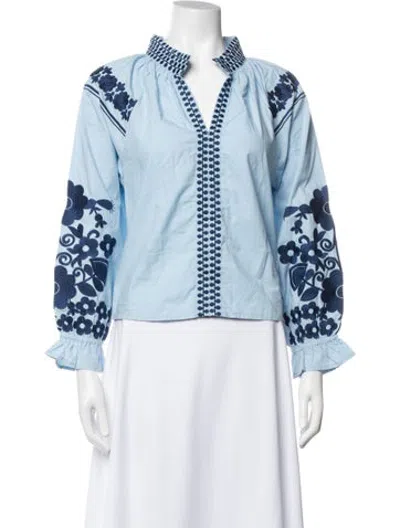 Pre-owned Julia Amory Floral Print V-neck Top In Blue/white