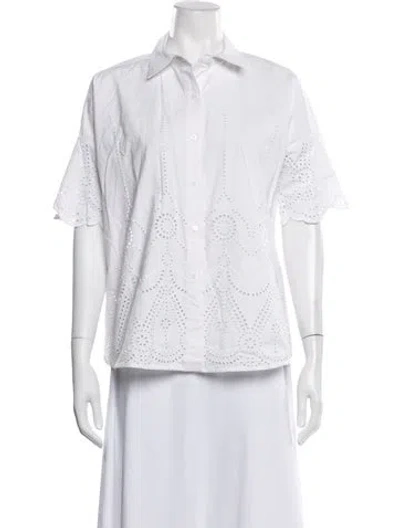 Pre-owned Julia Amory Lace Pattern Short Sleeve Button-up Top In White