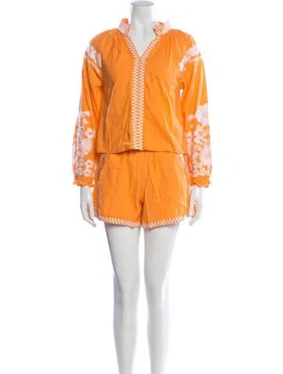 Pre-owned Julia Amory Patterned Embroidered Accent Short Set In Orange