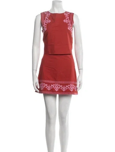 Pre-owned Julia Amory Patterned Embroidered Accent Skirt Set In Red