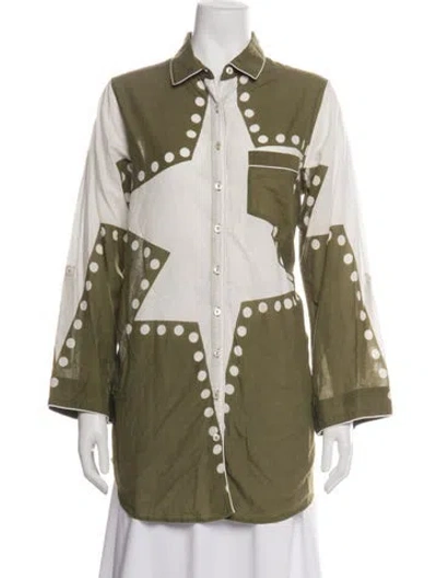 Pre-owned Julia Amory Patterned Long Sleeve Button-up Top In Green