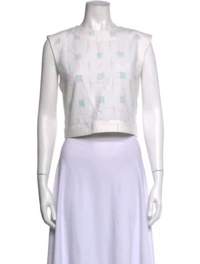 Pre-owned Julia Amory Printed Crew Neck Crop Top In White