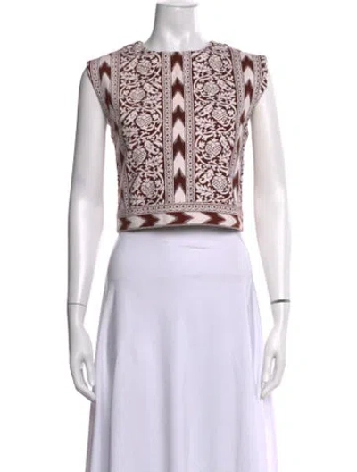 Pre-owned Julia Amory Printed Crew Neck Crop Top In White