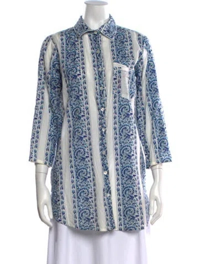 Pre-owned Julia Amory Printed Three-quarter Sleeve Button-up Top In Blue