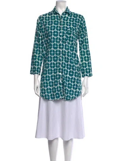 Pre-owned Julia Amory Printed Three-quarter Sleeve Button-up Top In Blue