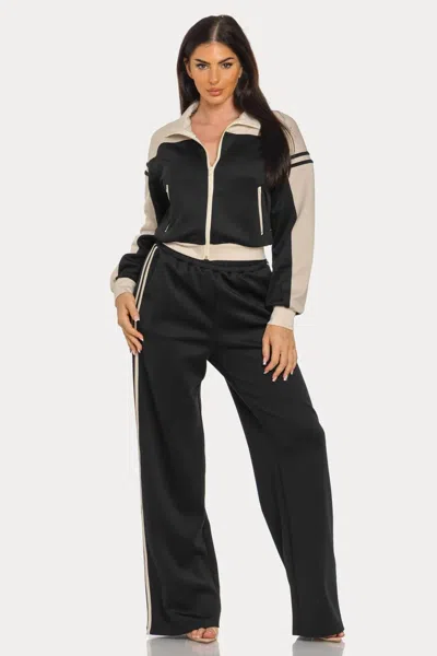 Julia By Lovej Colorblock Zip Up Jacket And Pants Set In Black & Ivory In Multi