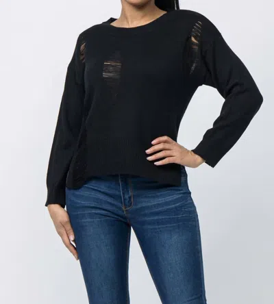 Julia By Lovej Long Sleeve Crew Neck Distressed Sweater In Black