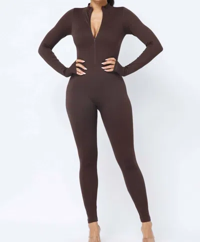 Julia By Lovej Long Sleeve Jumpsuit In Brown
