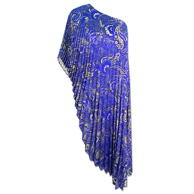 Julia Clancey Blue Lady Electric Paisley Pleated  Embroidered Lurex Kaftan