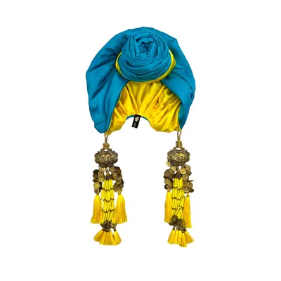 Julia Clancey Women's Blue / Yellow / Orange Edith Aqua & Yellow Dream Reversible Turban In Metallic